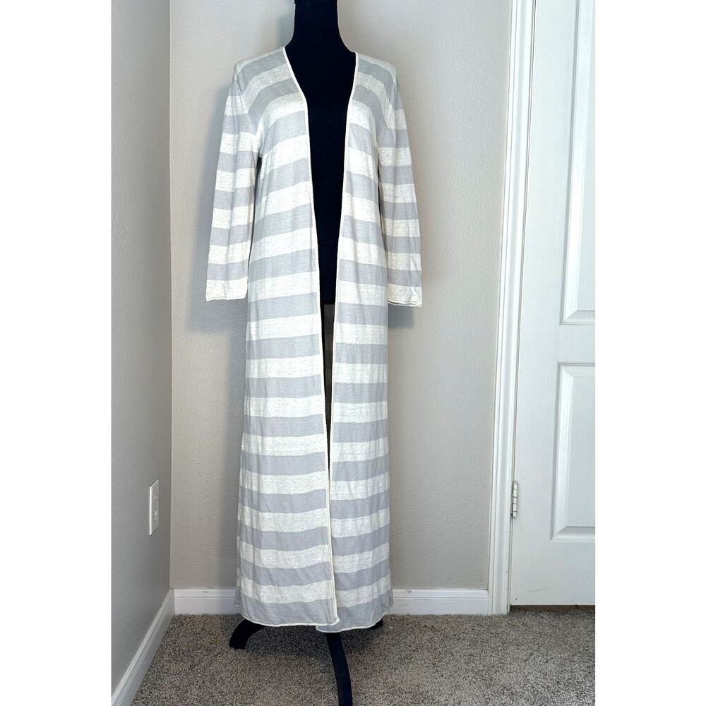 Garnet Hill Linen Knit Stripe Duster Cardi Gray/Cream Boho Lagenlook Coastal M